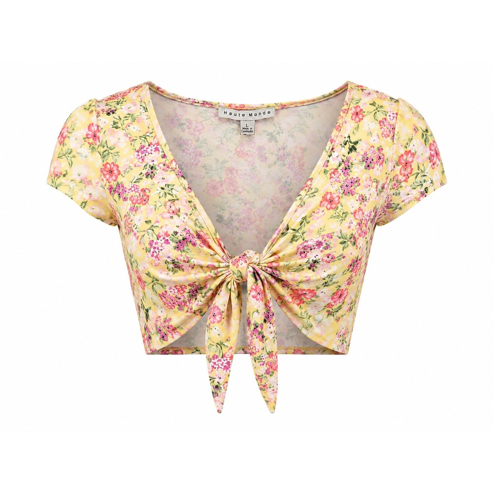 Haute Monde Womens Yellow Floral Tie Front Crop Top V-Neck Short‎ Sleeve Large